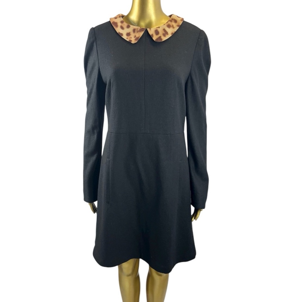 McGinn Black Sheath Dress Size 8 Leopard Peter Pan Collar Long Sleeve Statement